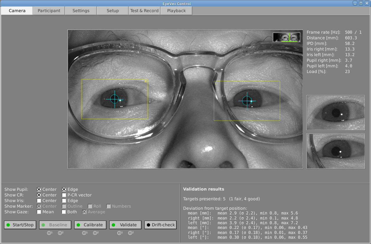 Screenshot of EyeVec control application